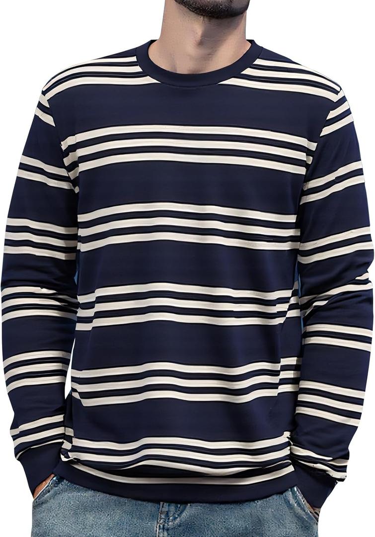 ZVX Men's Striped Long Sleeved T-Shirt, Casual Round Neck Long Sleeved Top, Regular-Fit Daily Striped T-Shirt Basic Style (Black, XXL)