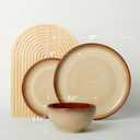 Pokini Ceramic Dishes Set, 9 Piece Stoneware Dinnerware Sets, Chip and Scratch Resistant, Easy to Stack & Clean, Modern Rustic Look, Brown Yellow