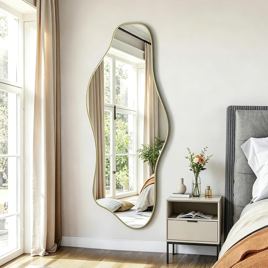 Irregular Wall Mirror, 60"x24" Large Asymmetrical Tempered Glass Mirror, Gold Modern Organic Frameless Mirrors for Living Room Bedroom Hallway Entryway, Horizontal or Vertical Hanging