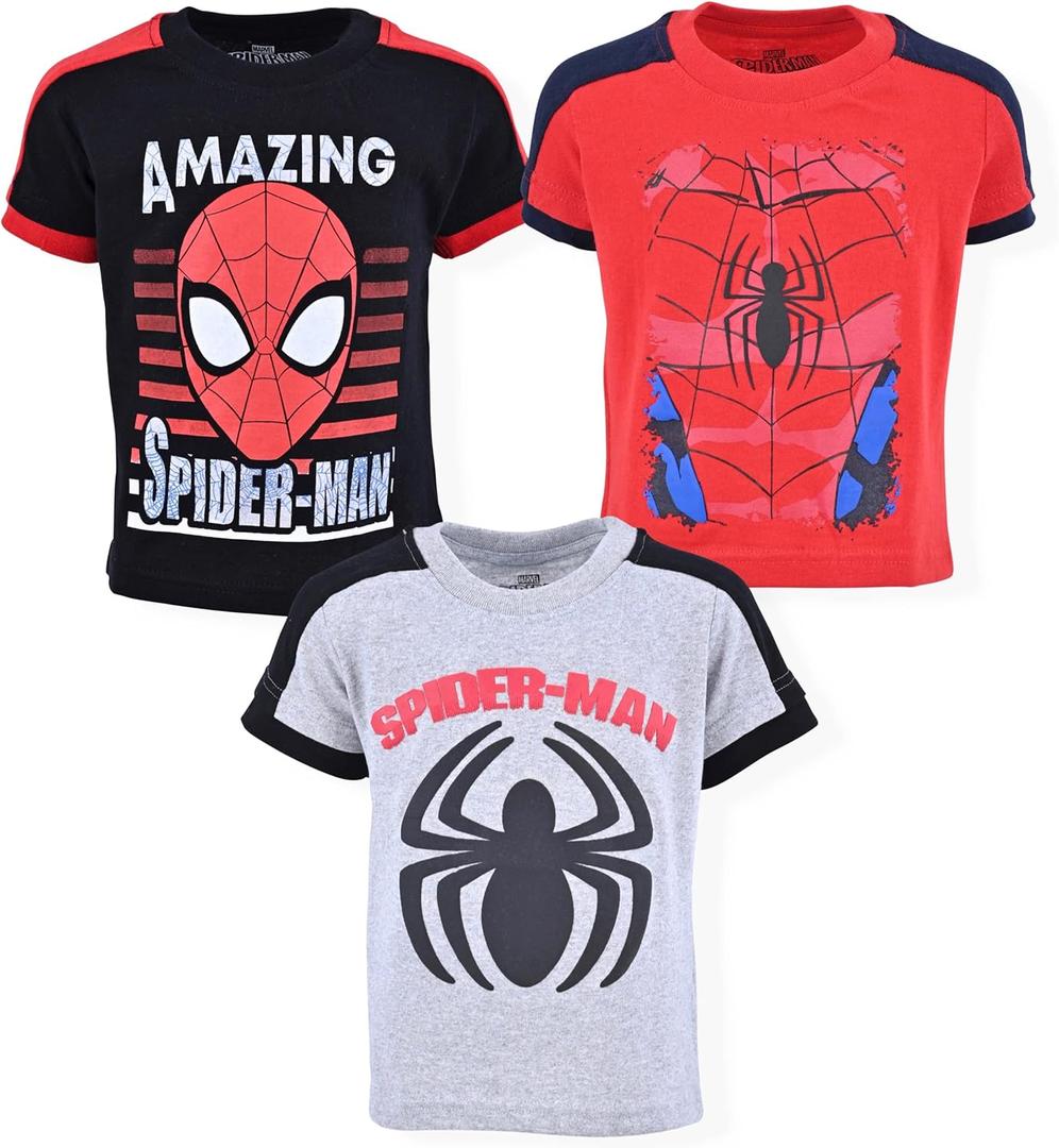 Marvel Spider-Man Boys 3 Pack Short Sleeve T-Shirt for Toddlers and Big Kids (7, Red/Black/Grey)