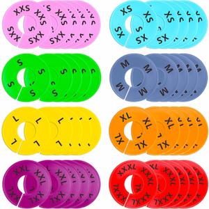 40 Pack Round Colorful Plastic Clothing Size Closet Rack Dividers Hangers, 8 Assorted Colors, Preprinted in 8 Sizes XXS, XS, S, M, L, XL, XXL, XXXL (Outer 3.5, Inner Diameter 1.38)