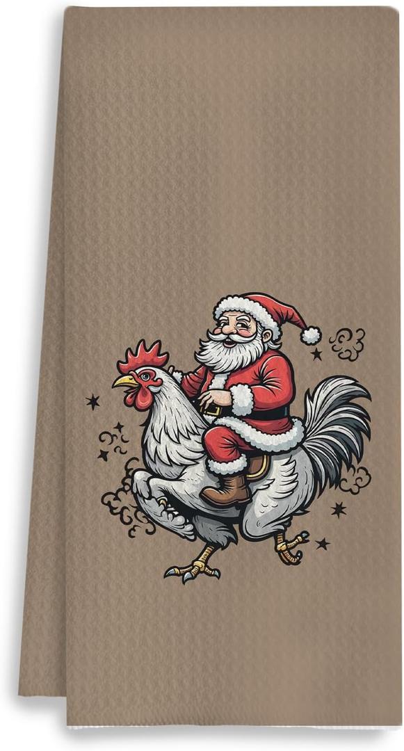COWEB Christmas Santa Chicken Kitchen Towels, Chicken Lover Gifts, Funny Christmas Santa Riding Rooster Decorative Dish Tea Hand Towels for Kitchen Bathroom, 16x24 Inches