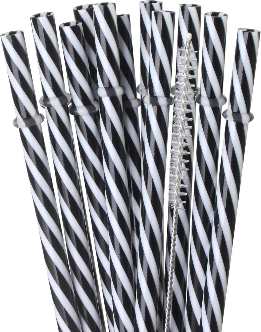 Dakoufish 12 Piece 9 Inch Reusable Plastic Thick Drinking Straws BPA Free Mason Jar Straws transparent small Stripe (9inch Black)
