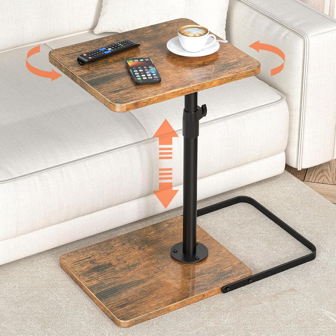 TV Tray Table for Couch - Adjustable Height & 360Swivel Panel DesignLarger Metal and Wooden Base to Prevent SlippingSofa Armrest Tray Table for Eating Laptop Couch Bed Dinner or Small Space (Standard 1 Pack, Brown)