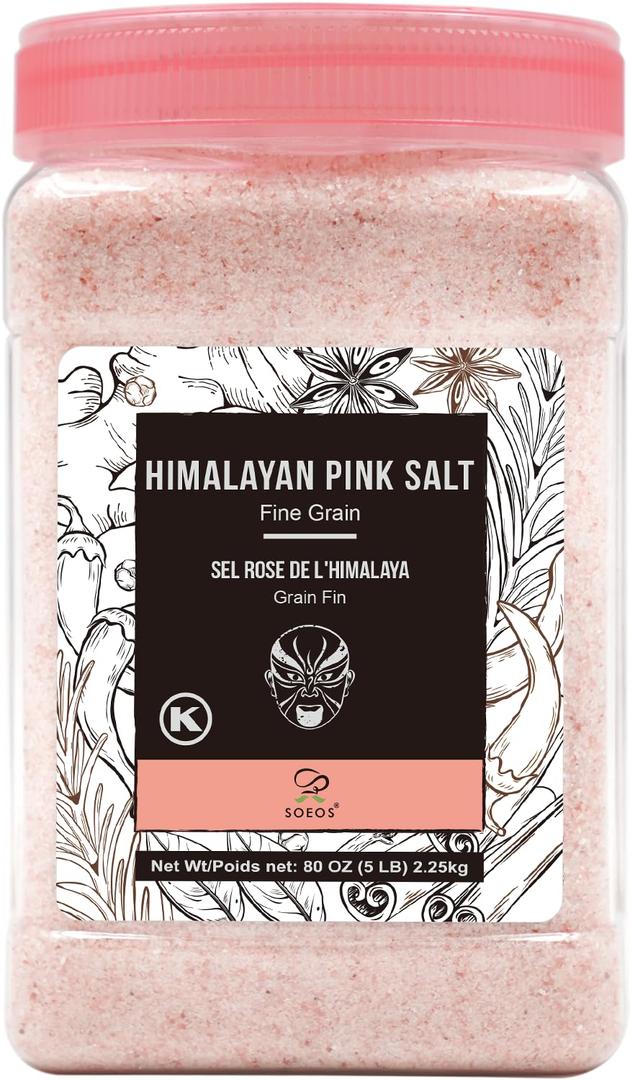 Soeos Himalayan Pink Salt, Fine Grain, 80oz (5 Pound), Non-GMO Himalayan Salt, Kosher Salt, Pink Himalayan Sea Salt Fine (80 Ounce (Pack of 1))