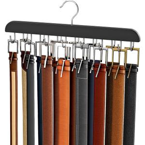 Belt Hanger for Closet Max 42 Belts, Sturdy Wood Belt Rack Closet Accessories with 14 Hooks Belt Organizer for Closet Organizers and Storage -Black 1 Pack