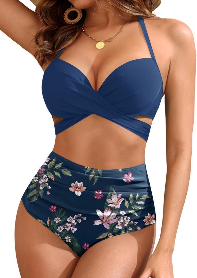 High Waisted Underwire Bikini Sets - Women 2025 Two Piece Swimsuits Halter Bathing Suits with Tummy Control Bottom (Blue, L)