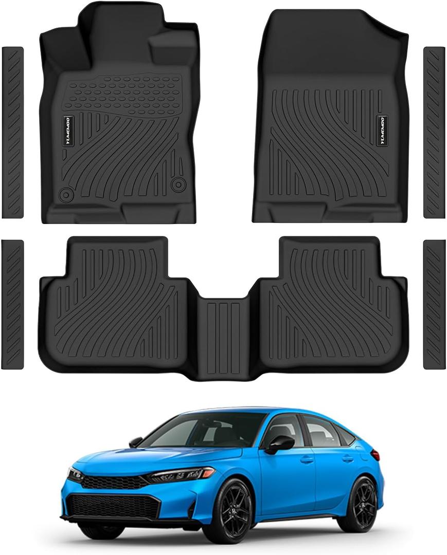 Floor Mats for Honda Civic 2022-2026 Gas Sedan(2nd Row w/o USB Port) & 2026 Sedan Hatchback Si Hybrid TPE Floor Liners Fit for Civic 1st & 2nd Row & Door Sill Guards Anti-Slip Full Set Car Mats
