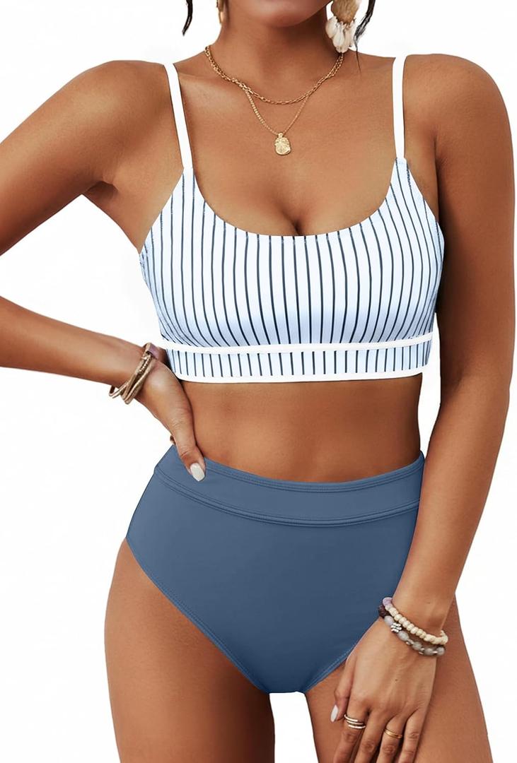 BMJL Women's High Waisted Bikini Ribbed Two Piece Swimsuit High Cut Color Block Adjustable Straps Bathing Suit (L)