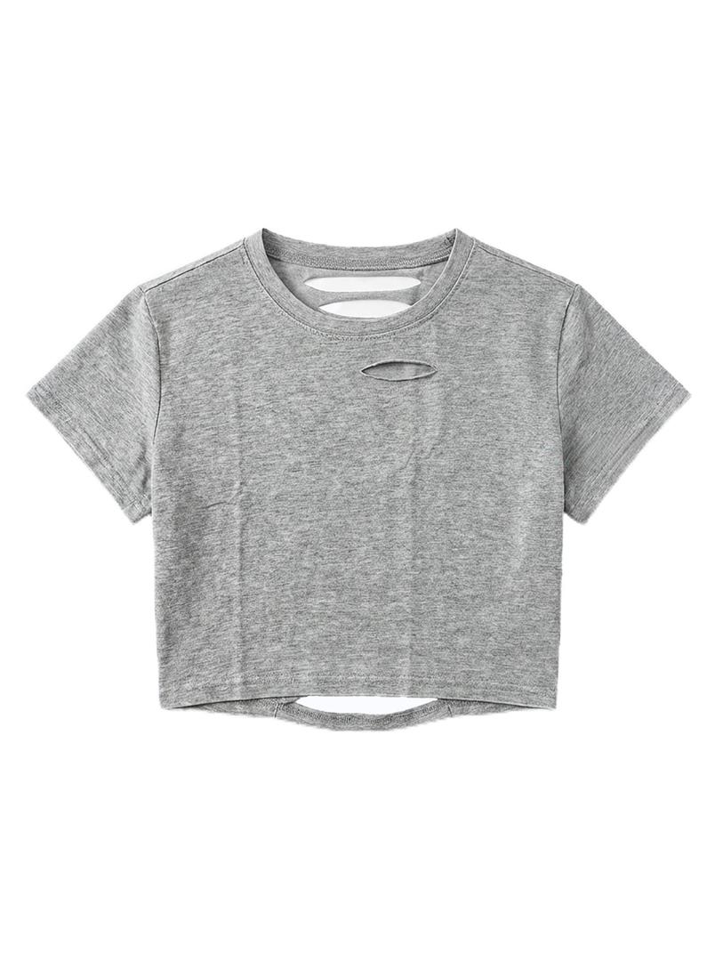 JDEEO Women Vintage Washed Distressed Cut Out Crop Short Sleeve T-Shirt (Gray, M)
