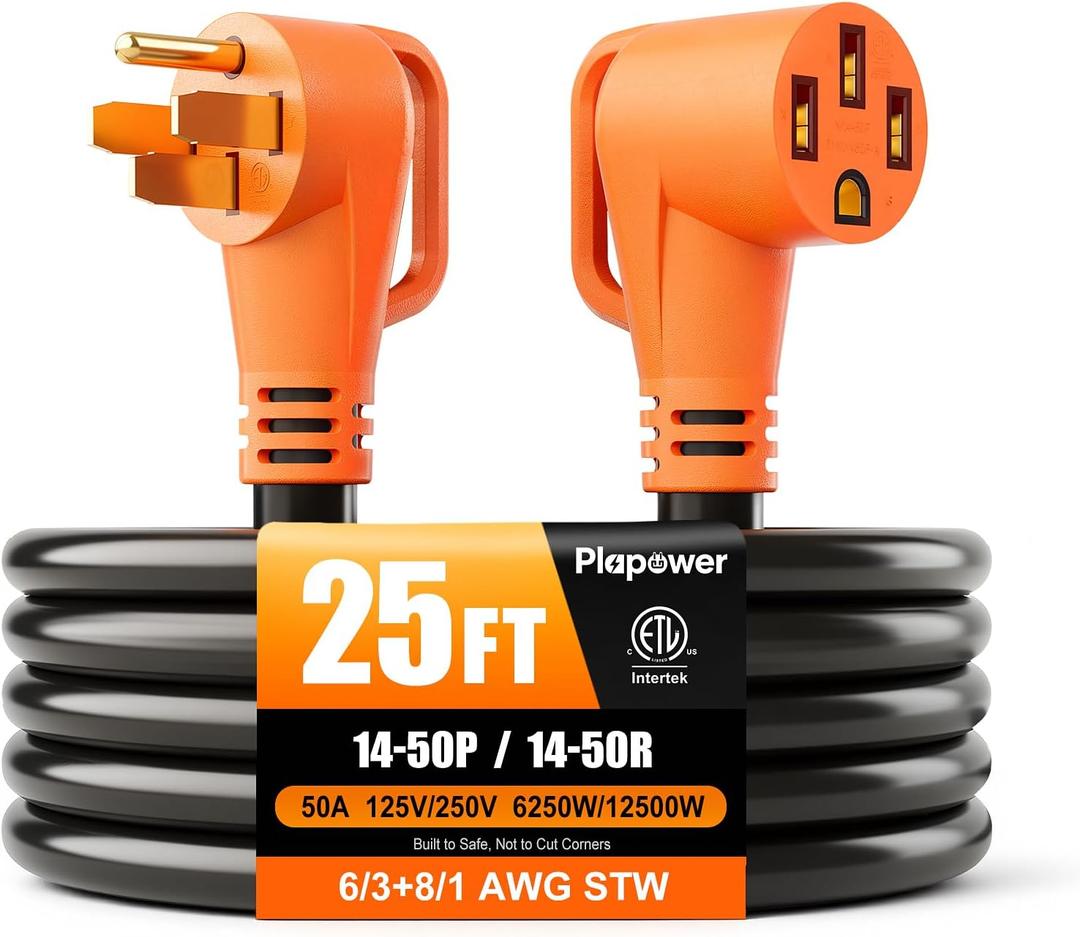 25 FT 50 Amp RV Extension Cord, Nema 14-50P to 14-50R, Flexible 4 Prong Heavy Duty RV Power Cord Waterproof Power Cord with Grip Handle & Organizer, 125/250V 6250/12500W STW (Black Orange)
