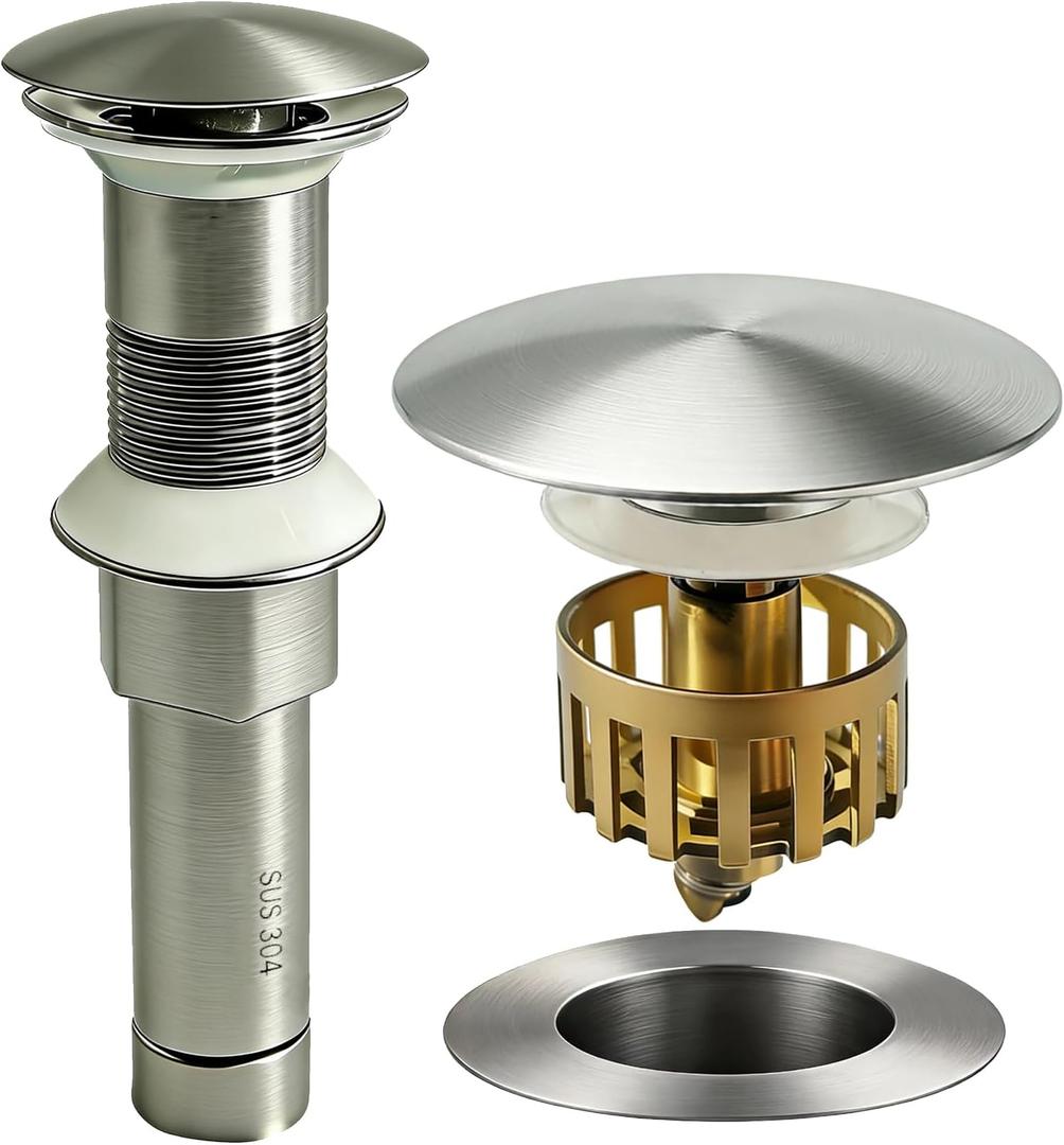 HENGDLOO Bathroom Sink Drain, with Overflow, Pop up Sink Drain Stopper with Strainer Plug for Vessel Sink Lavatory Vanity, SUS 304 Stainless Steel, Brushed Nickel