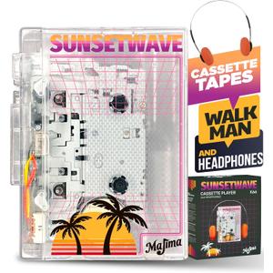 MAJIMA Bluetooth Cassette Player + FM Radio + Headphones Included + USB & AA Powered + Transparent Vintage Design  Retro Walkman Style Gift  SunsetWave Edition