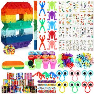 Lenwen 120 Pcs Rainbow Piata Set, Multicolor Birthday Party Piata with Blindfold Stick and Confetti Carnival Prize for 4th Anniversary Cinco De Mayo Fiesta Decor(Number 8)