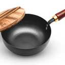 Carbon Steel Wok Pan with Wooden Lid, 7.8-Inch (1.6QT) Small Wok, Cold-Forged Flat Bottom Stir Fry Pan, Coating-Free, Induction Ready, for Eggs, Ramen, Soup & Oatmeal