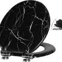 Angel Shield Marble Toilet Seat Durable Molded Wood with Quiet Close,Easy CleanQuick-Release Hinges (Round,Black Marble) (Round-16.5)