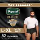 Depend Real Fit Adult Diapers, Incontinence Underwear for Men, Disposable, Maximum Absorbency, Large/Extra Large, Black, 52 Count (2 Packs of 26)