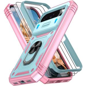 For Google Pixel 10 Case/Pixel 10 Pro Case with 2PCS Screen Protector, Build in 360 Rotating Ring Kickstand, Military Grade Protective Cover for Google 10/10 Pro Phone, Green, Pink