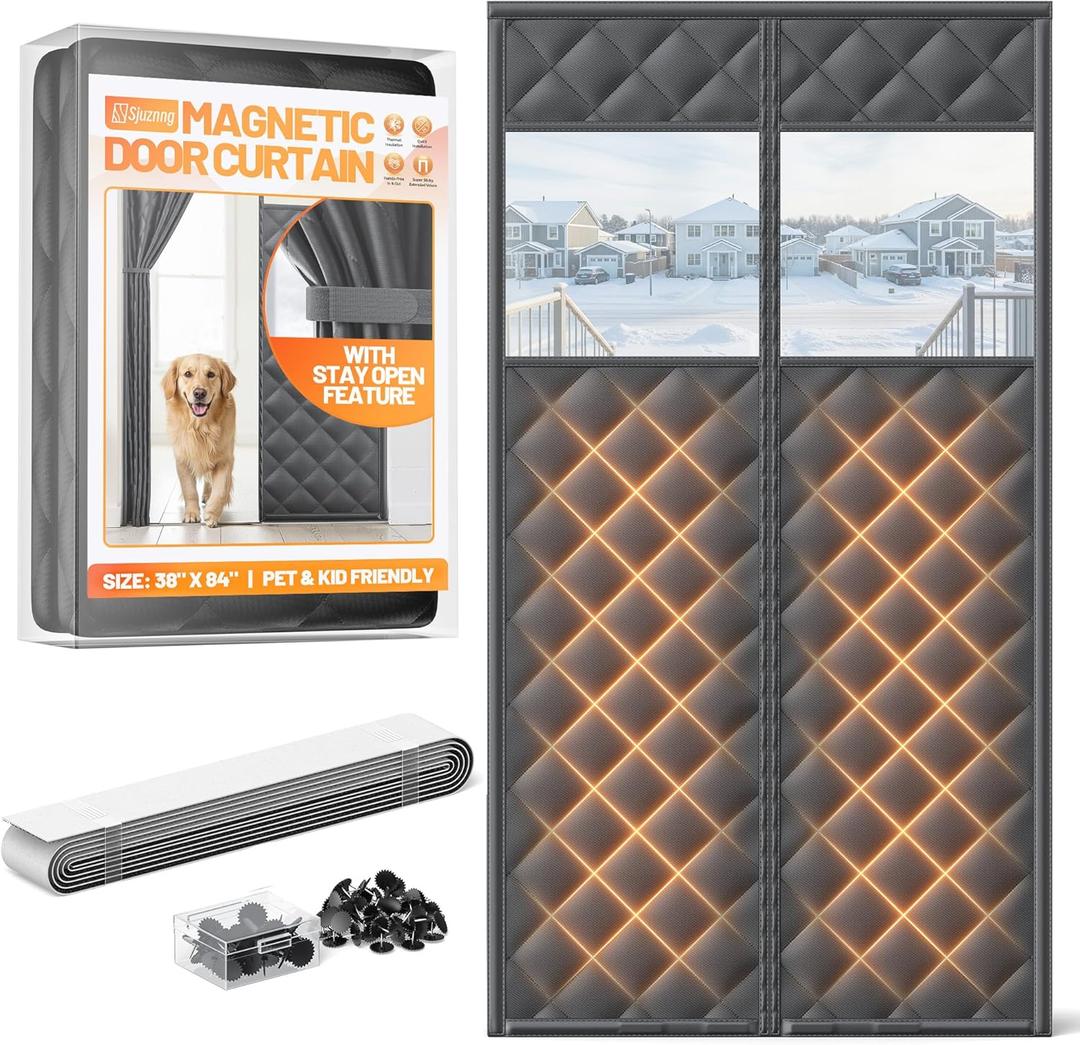 Magnetic Insulated Door Curtain Fits 36"x82" Doors  Thermal Door Cover for Winter with Clear Window, Window Insulation Kit & Doors Draft Stopper to Keep Cold Air Out for Front Doorway Home  Black