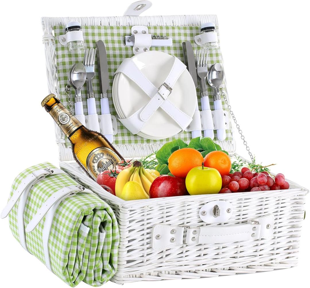 Wicker Picnic Basket for 4 with Waterproof Picnic Blanket and Insulated Cooler, Willow Hamper for Camping, Outdoors, Photoshoot, or a Birthday, Valentines Day, Wedding Gift, Green