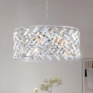 Chrome Crystal Chandelier, 18" Modern Drum Ceiling Light Fixture, 6-Light Semi Flush Mount Pendant with K9 Crystals, Round Hanging Lighting for Dining Room, Living Room, Bedroom, Kitchen, Hallway, Medium-18
