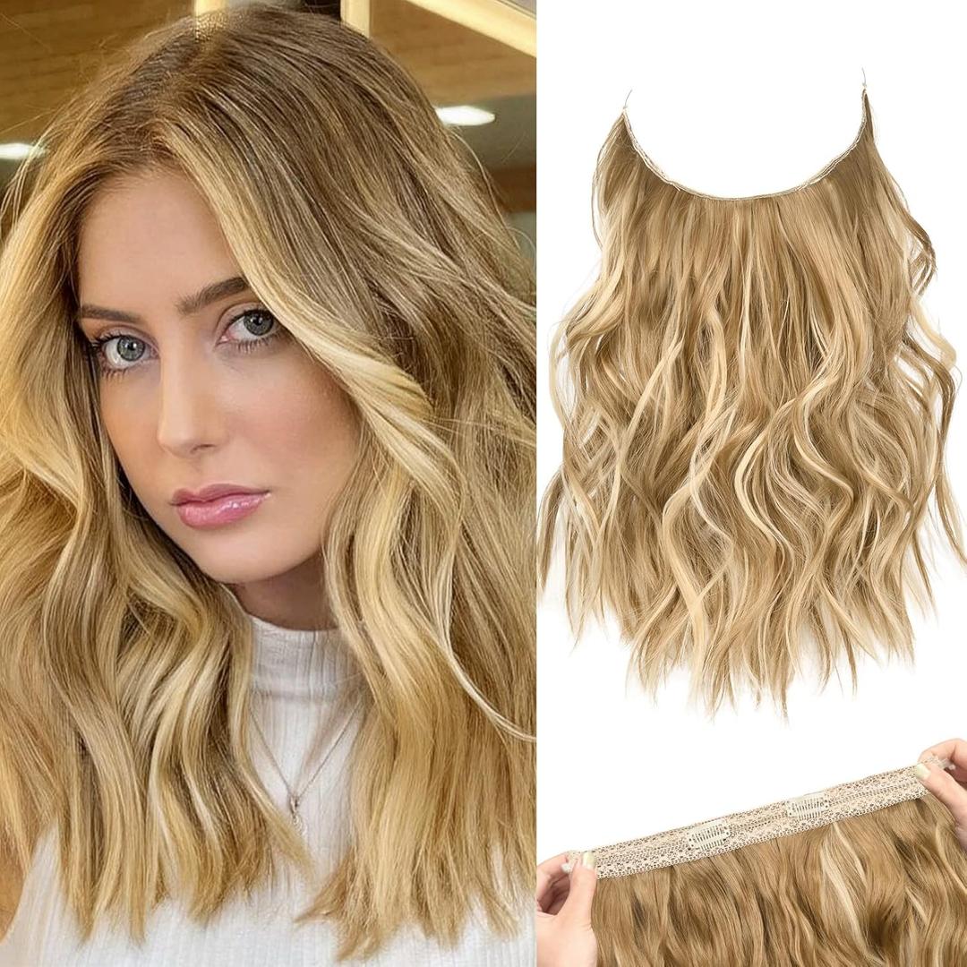 REECHO Invisible Wire Hair Extensions with Thinner Softer Lace Weft Adjustable Size Removable Secure Clips in Wavy Secret Hairpiece for Women 12 Inch (Pack of 1) - Medium Blonde with Blonde Highlights