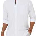 Alimens & Gentle Men's Cotton Linen Shirts Long Sleeve Button Down Shirt Band Collar Beach Shirts L
