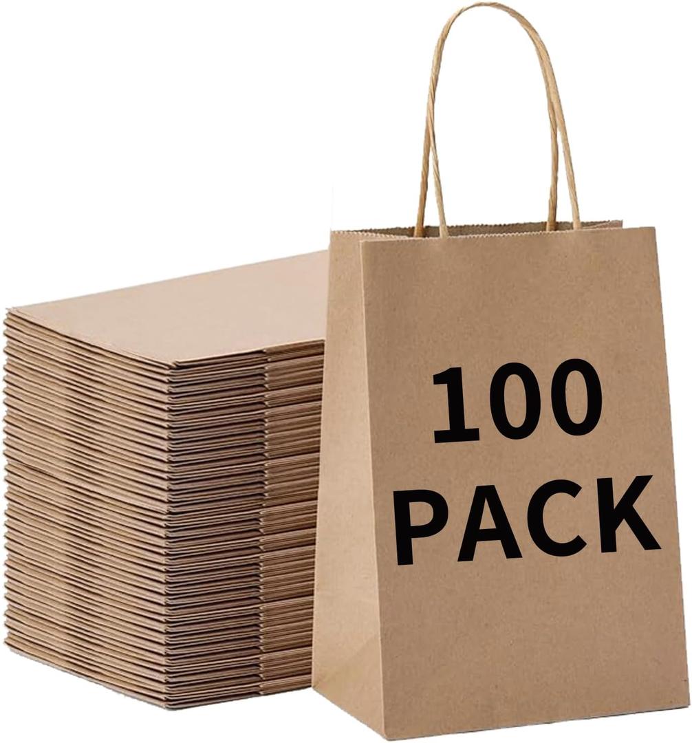 BAG BOX 100 Pcs Small 5.9x3.1x8.25 Inch Brown Kraft Paper Gift Bags with Handles for Bulk Wedding, Party Favors, Grocery, Shopping, Retail Merchandise, Gift Sacks