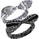 Hicarer 2 Pieces Bandana Headband for Women, Knot Retro Print Bandana Paisley Print Headband Adjustable Headwrap (White, Black)
