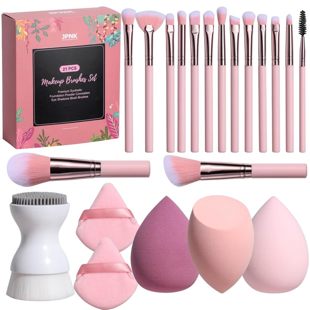 JPNK Makeup Brushes Set  21PCS Makeup Sponge Triangle Puff Premium Synthetic Foundation Powder Concealers Eye Shadows Blush Brushes with Face Clean Brush