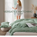 JELLYMONI Cotton Duvet Cover Queen Size - Green Striped Comforter Cover with Button 100% Washed Cotton 3PCS Breathable Soft Solid Bedding Set Duvet Cover 90×90in & 2 Pillowcases (NO Comforter)