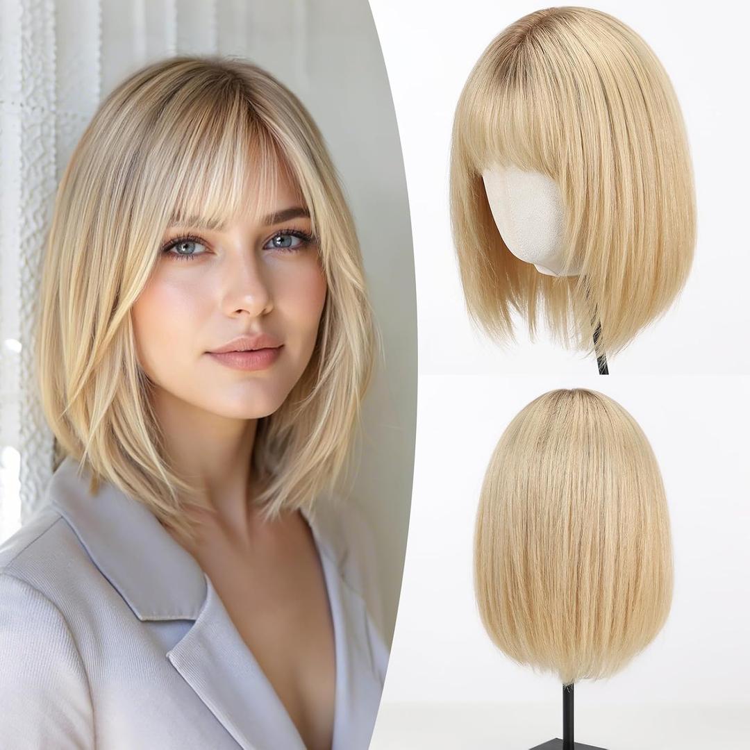 EMMOR 12 Inch Human Hair Wig for Women - Shoulder Length Layered Bob Wig with Bangs & Breathable Cap, Natural Looking Daily Wear Wig(Ombre Light Blonde)