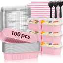 YQER 100 Pack Mini Loaf Pans with Lids and Spoons Sealing Sticker, 6.8oz Mini Cake Pans for Baking, Disposable Aluminum Foil Loaf Pans, Pink Loaf Baking Pans, Small Cake Containers With Lids