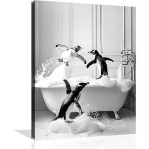 Funny Animals Bathroom Canvas Wall Art Penguin in Bathtub Wall Art Funny Animal Bathroom Painting Black and White Penguin Bathtub Pictures for Bath Restroom Wall Decor Framed 8X10 inch