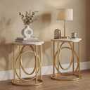 LITTLE TREE 20 Round End TableModern Sofa Side Table with Gold O-Shaped Base, Faux Marble White Cocktail Table Accent Table Nightstand for Living Room Bedroom, 2PCS