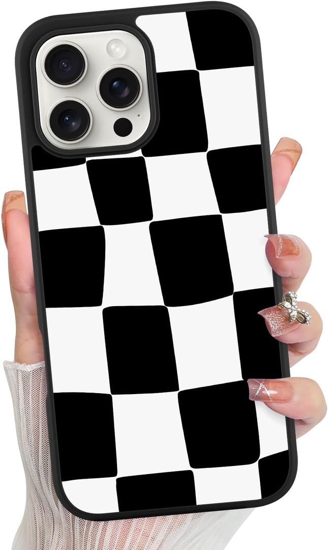 KANGHAR for iPhone 16 Pro Case Checkered Aesthetic Cute Pattern Shockproof Full Body Protection for Girls Women -Black