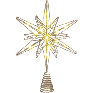 Large Christmas Star Tree Topper with 20 LED Lights 12.5 Inch Star Tree Topper Glitter Sparkle Xmas Treetop Ornament for Home Holiday Party Decorations(Champagne)