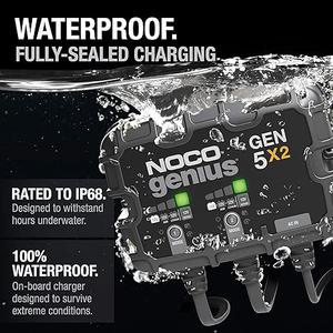 NOCO Genius GEN5X2: 2-Bank, 10A Onboard Battery Charger - 5A Per Bank, 12V Waterproof Marine Charger with Overcharge Protection & Temperature Compensation  for Lead-Acid & Lithium Batteries