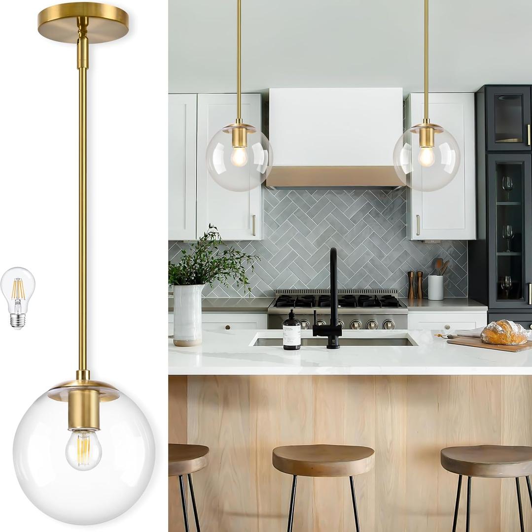 Bagood 8" Globe Pendant Light Gold Mid Century Modern Light Fixture Clear Glass Pendant Lights Kitchen Island Modern Pendant Lights Brushed Brass Finished with Clear Glass Lampshade for Bedroom