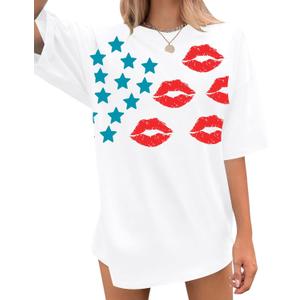 QLIPIN 4th of July Shirts USA Shirts Women American Flag T-Shirt Oversized Patriotic Stars Lips Graphic Tee (Medium)