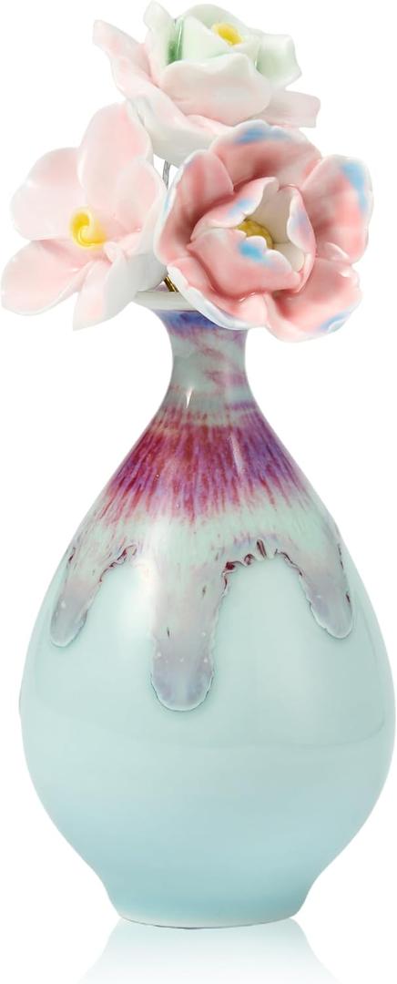 Purple and White Natural Glaze Vase with Three Ceramic Flowers