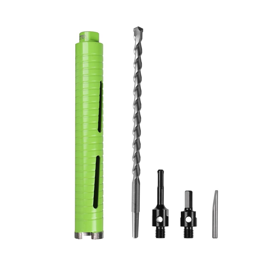 1 1/2 Inch Dry Core Drill Bit with Pilot Bit and 2 Pcs Adapters (SDS Plus Adapter&Hex Adapter), 5/8"-11 Threaded Diamond Core Bit for Concrete/Brick/Masonry, 10" Drilling Depth