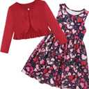 Toddler Baby Girls Spring Dress + Cardigan 2Pieces Outfits Floral Patterned Sundress Solid Long Sleeve Shrug Set (4-5yrs old, Heart-black)