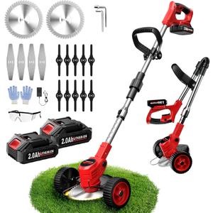 Electric Weed Wacker Cordless, Weed Eater Battery Powered with 3 Types of Blades, Lightweight Grass Trimmer with 2*2.0Ah Battery & Wheels, Foldable Lawn Edger/Brush Cutter for Lawn Yard Garden