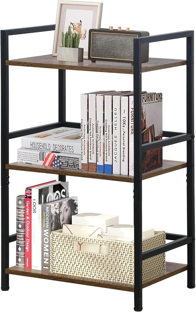 LOFTEY Book Shelf Small Bookshelf, 3 Tier Industrial Short Bookshelf, Metal Open Shelf Bookcase for Living Room, Bedroom, and Office, Rustic Brown