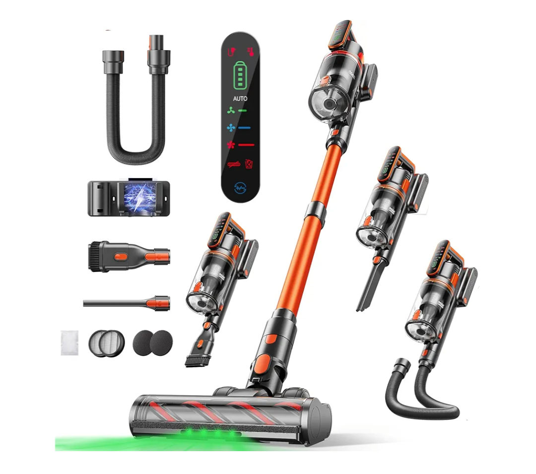 Fieety Cordless Vacuum Cleaner, 600W/50KPa/65Min Runtime Stick Vacuum with 3.3Ft Hose, Wall Mount Charging, Auto Mode, Touchscreen, Self-Standing Vacuum Cleaner for Home/Pet Hair/Carpet/Car, Fragrance