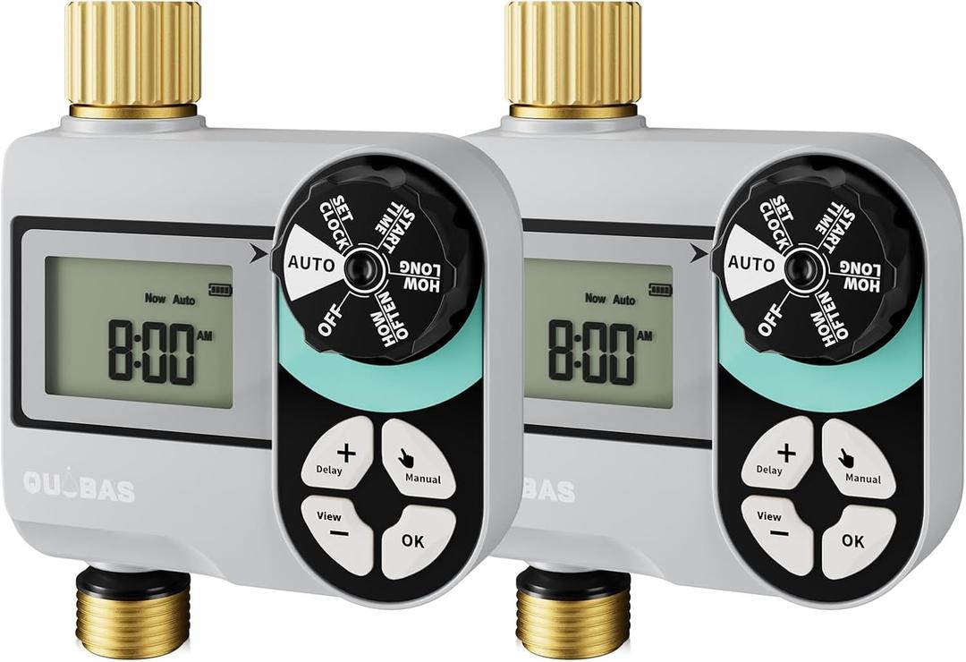 QUOBAS Brass Sprinkler Timer 2 Pack, Programmable Water Hose Timer for Garden Hose Faucet with Waterproof HD Screen, Rain Delay/Manual/Automatic Irrigation Watering System for Garden, Lawn, Yard