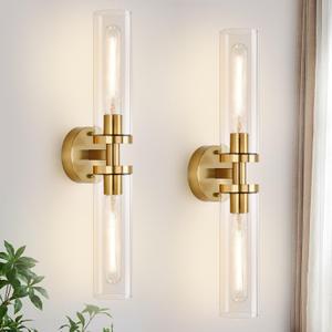 Wall Sconces Set of Two, Hardwired Brushed Gold Bathroom Sconces Wall Lighting with Clear Glass, Modern Sconces Wall Decor Set of 2 Wall Light fixtures for Bathroom Mirror Hallway (Bulbs Not Included)