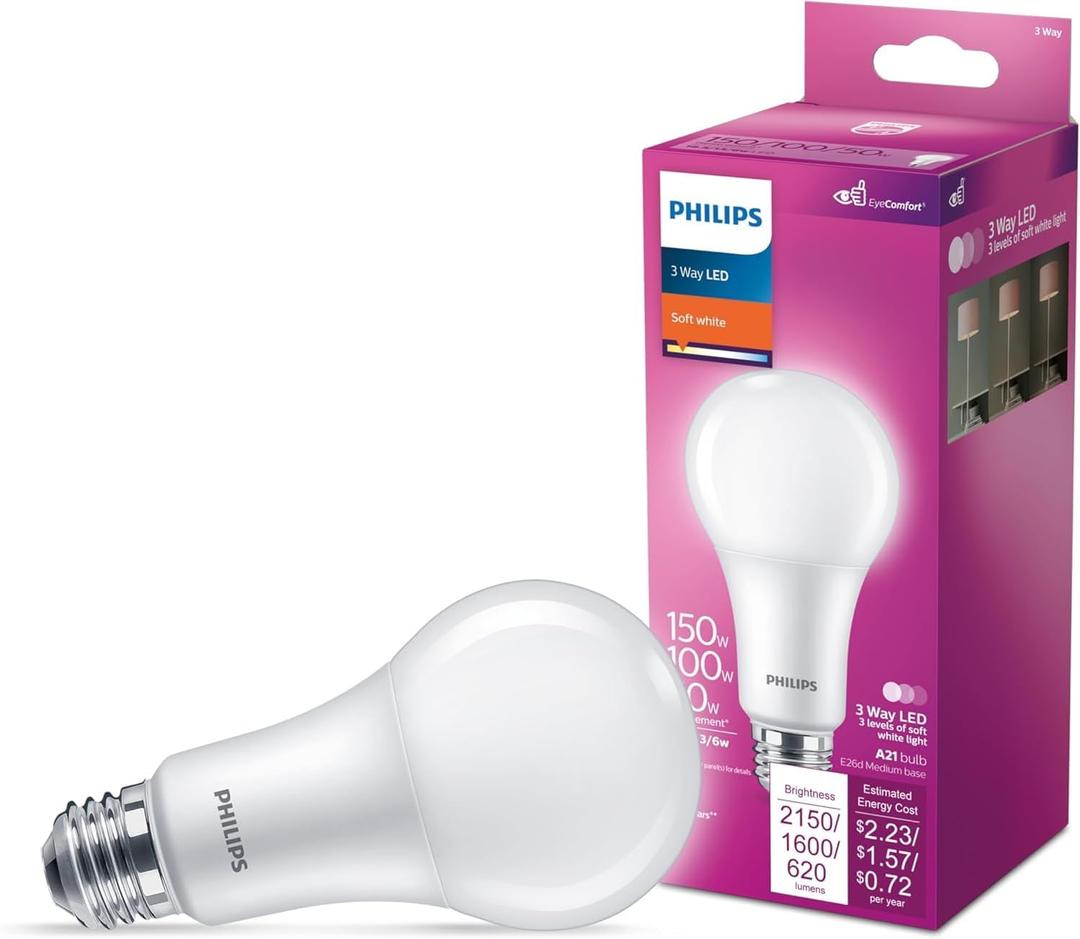 PHILIPS LED 150-100-50W A21 1-Pack 3-Way Soft White (2700K) 2150-1600-620 Lumen (18.5-13-6W = 150-100-50W) Frosted Flicker-Free Light Bulb