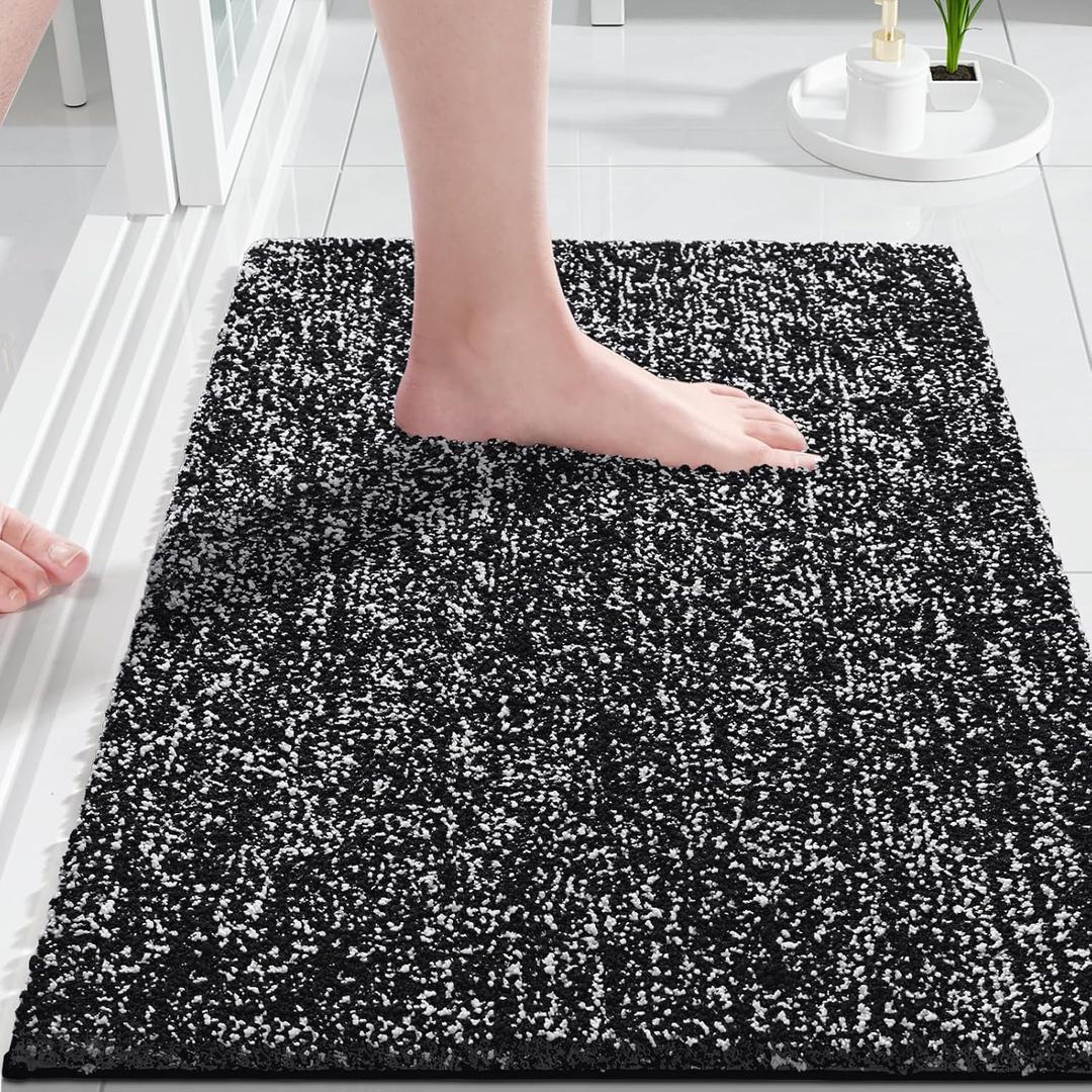 Yimobra Bathroom Rugs Non Slip Washable Ultra Soft Absorbent Microfiber Bath Mat, Dual-Tone Decor Rug with Rubber Backing for Bathroom Floor, Tub and Shower,24x17,Home Essentials,Black and White